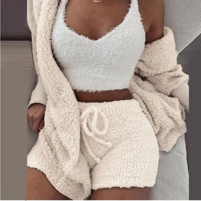 2022 New Autumn Winter Women's Velvet Pajamas Set Crop Top+Long Pants+Coat 3 Pieces Suit Warm Soft Fleece Homewear Pyjamas S-3XL