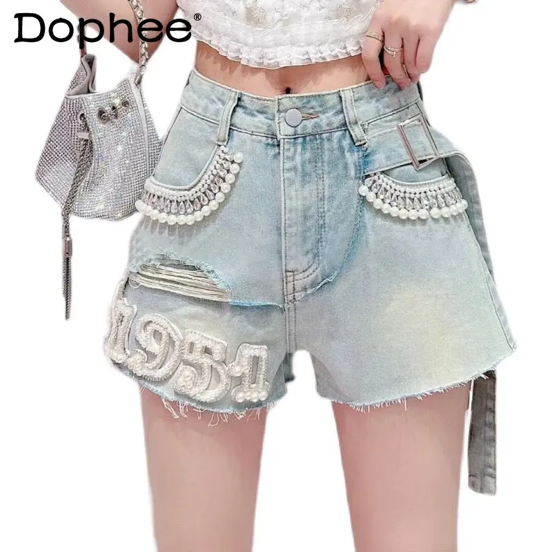

Дизайнерские Изношенные джинсовые шорты для женщин в тяжелой промышленности с бисером, Новинка лета 2023, свободные облегающие штаны с высокой талией, джинсовые шорты