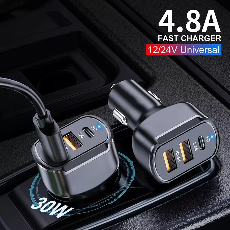 

Mobile Phone Charger 30W Car Charge PD+2USB QC3.0 Fast Charge for Iphone 13 Xiaomi Huawei Samsung Mobile Phone Charger