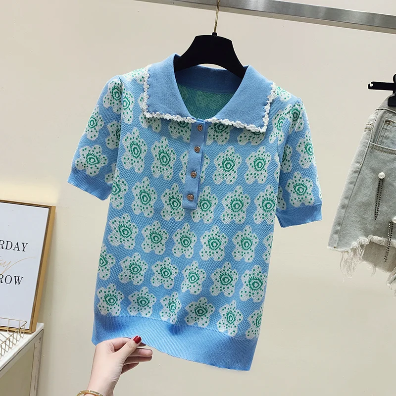 Повседневный пуловер с воротником-поло трикотажная одежда принтом Свободный Топ