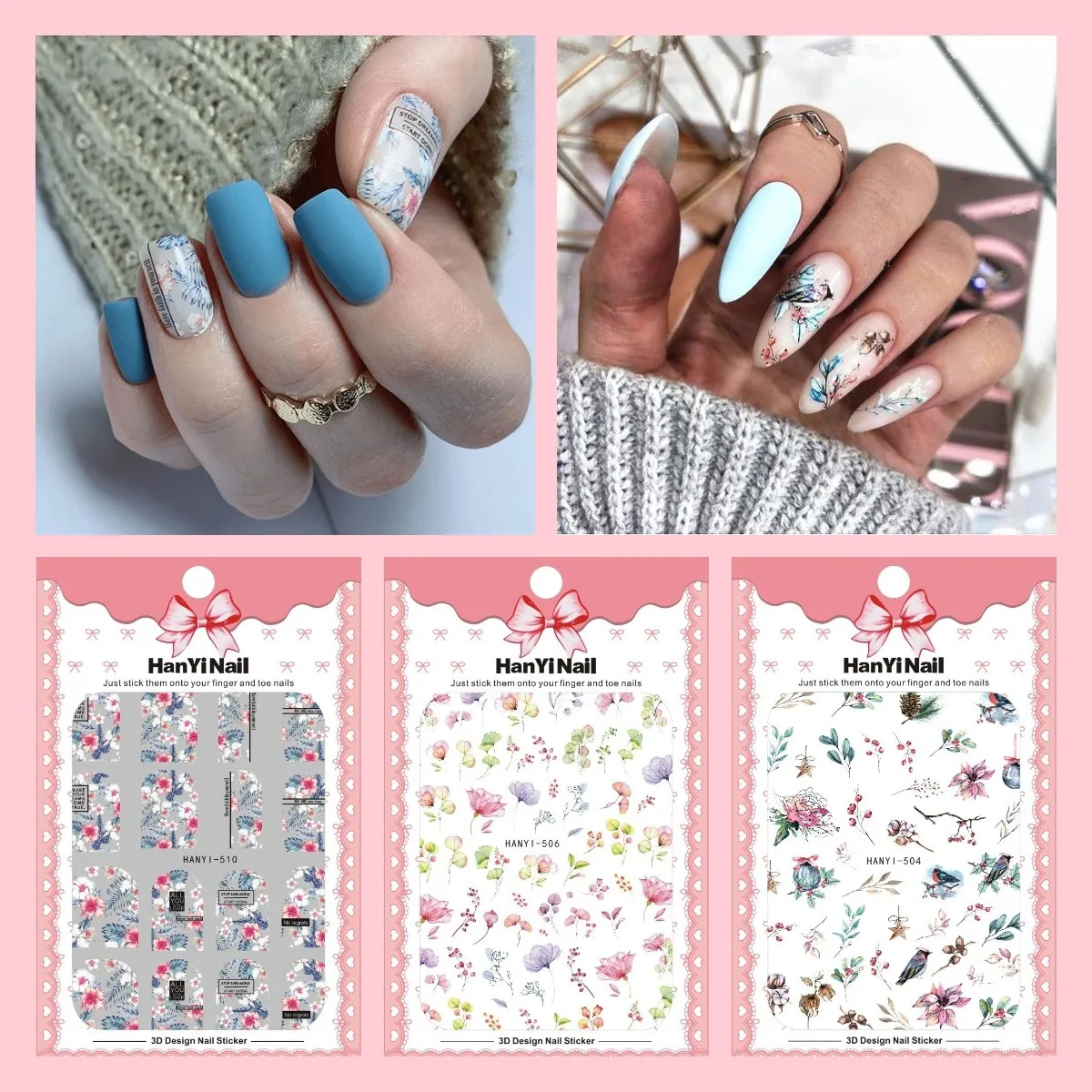 

3pcs/pack Exquisite packaging HANYI 503-511 Big Nail Stickers Spring Flowers 3D Nail Enhancement Sticker With Back Glue ForDIY