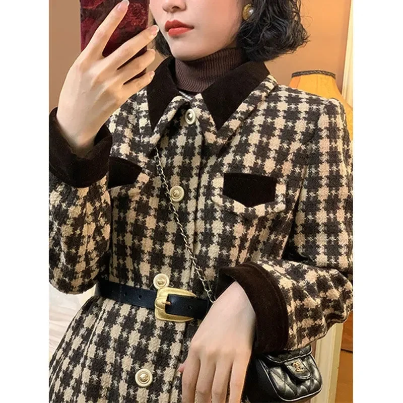 

2022 Autumn Winter New Hepburn Diary French Retro Little Fragrance Coat Women Long Knee-Length Temperament Thickened Plaid Coat