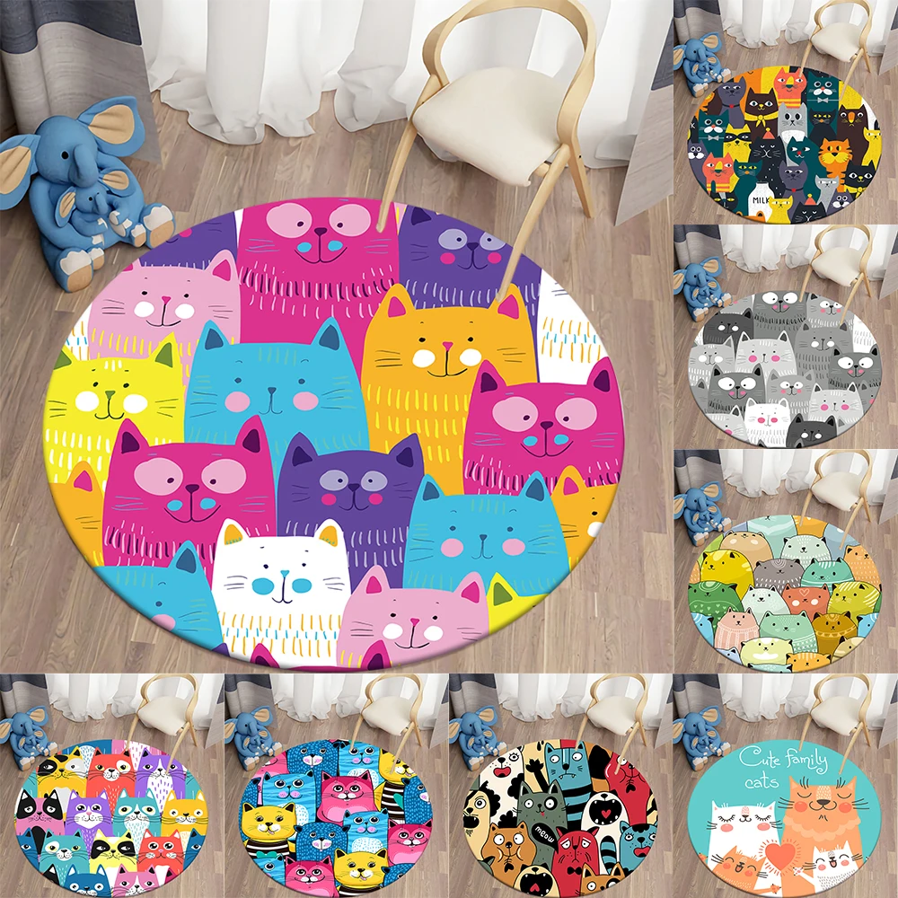 

Decorative Carpet Cartoon Cat Printed Area Rugs Round Carpet for Living Room Floor Mat Flannel Anti-Slip Mat for Children
