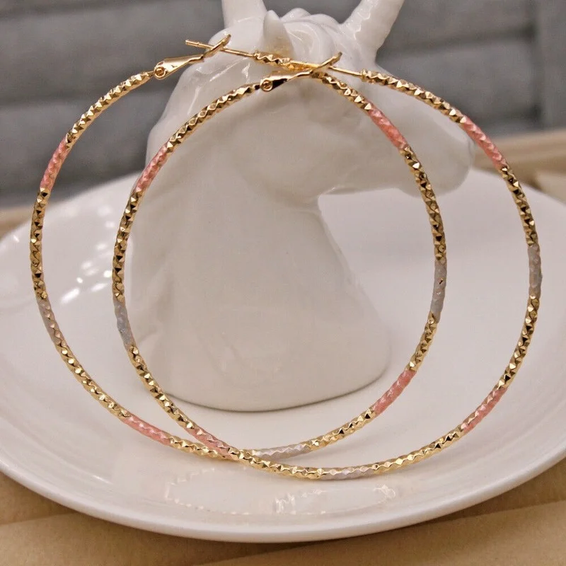 

Gold Color - Dia. 2.7'' Huge Circle 3-Color Plated Swirl Hoop Earrings