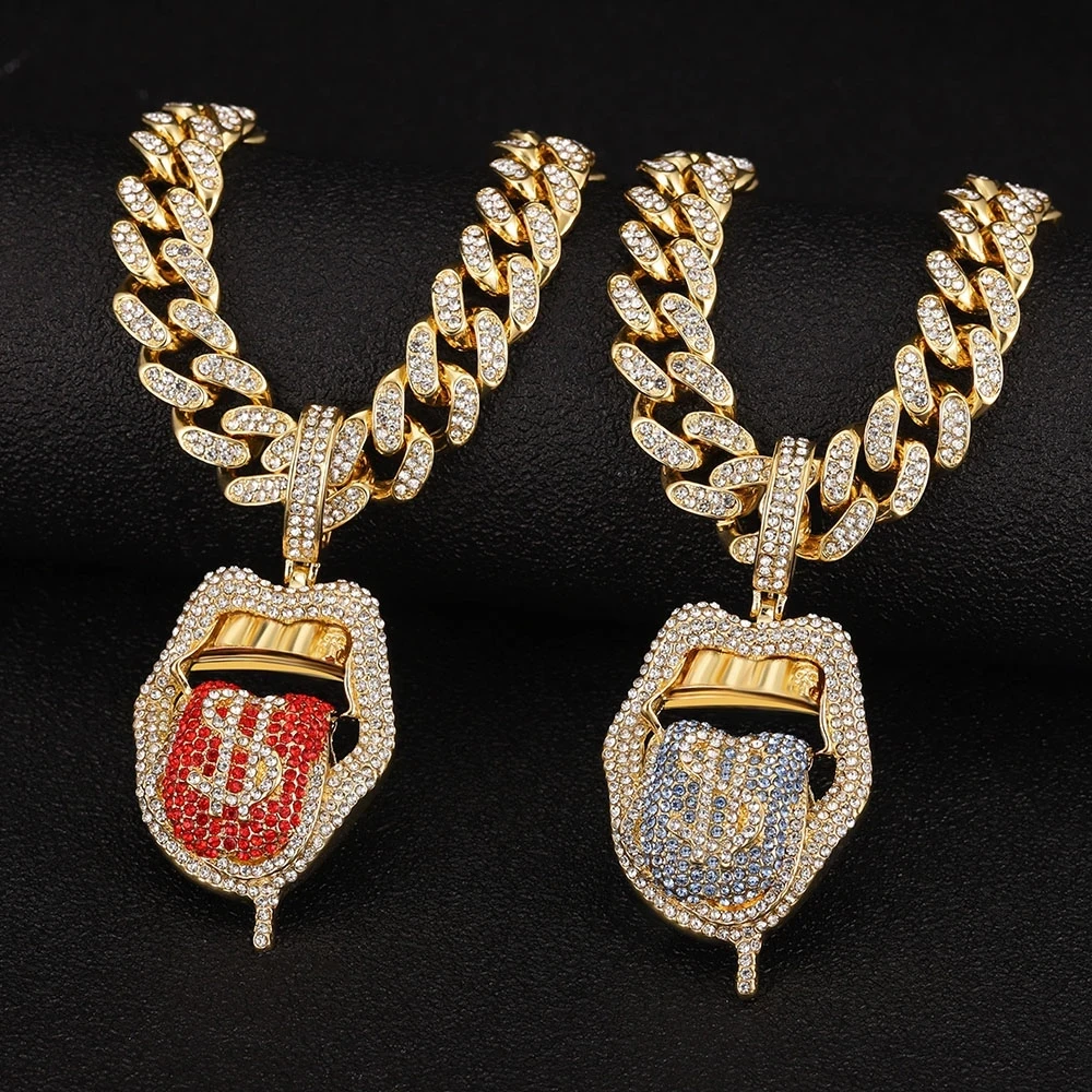 

Hip Hop Drip Dollar Lip Pendant Necklace Jewelry Men Iced Out Cuban Link Chain Silver Color Tongue Necklace Pendant Women Gift