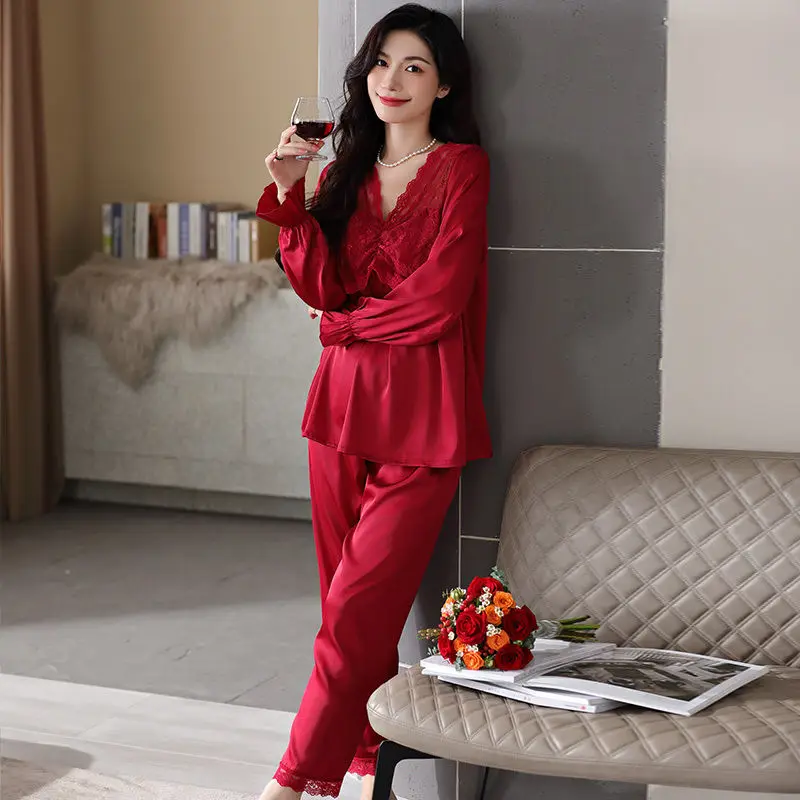 Red Animal Year pajamas wedding bridal couple set silk ladies ice silk plus size 2023 new.