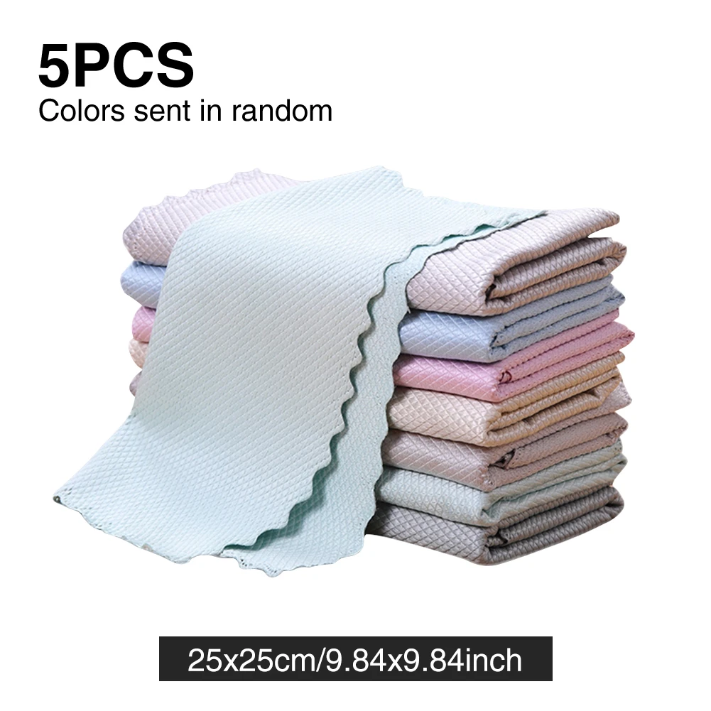 

5pcs Dish Cloth Kitchen Washing Fish Scale Soft Non Scratch Random Color Cleaning Towel Super Absorbent Anti Grease Home
