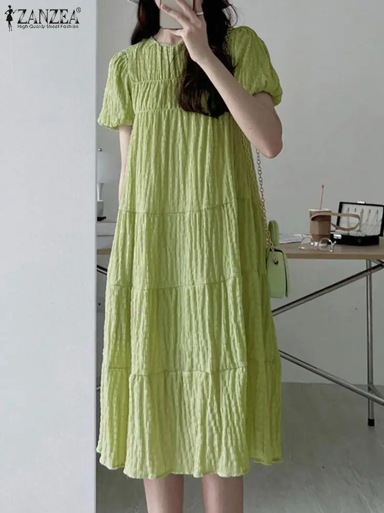 

Платье ZANZEA женское длинное Плиссированное с круглым вырезом и коротким рукавом