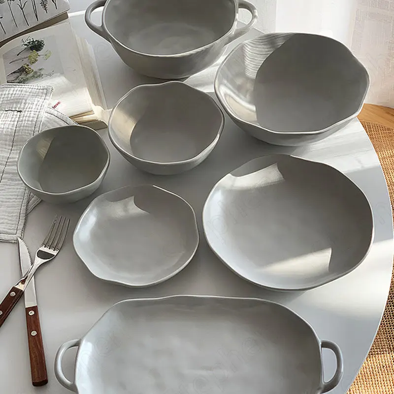 European Simple Grey Ceramic Dinner Plate French Modern Irregular Matte Hand Pinching Ceramic Plates Fruit Salad Noodle Bowls