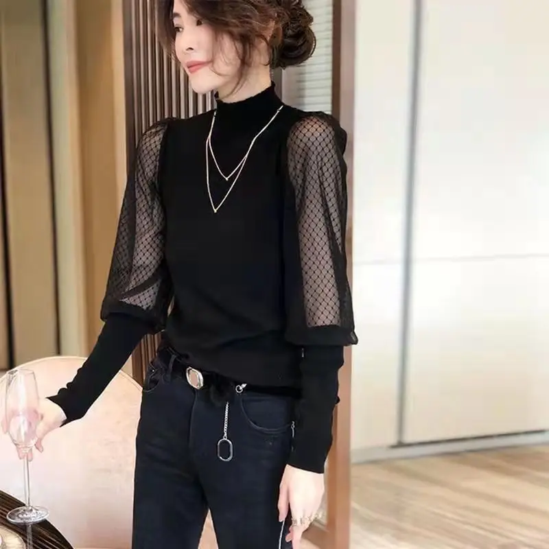 

2022 Korean Style Spring Mesh Patchwork Knitted Tops Women Autumn Long Sleeve Pullovers Sweater Turtleneck White Black Pullover
