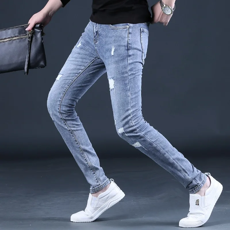 Summer Men Ripped Jeans Streetwear Casual Slim Fit Pencil Pants Korean Style Blue Denim Trousers