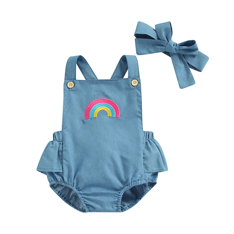 

2 Pcs Toddler Casual Outfits Toddler Backless Sleeveless Rainbow Embroidery Pattern Ruffle Bodysuit Solid Color Bow Headband