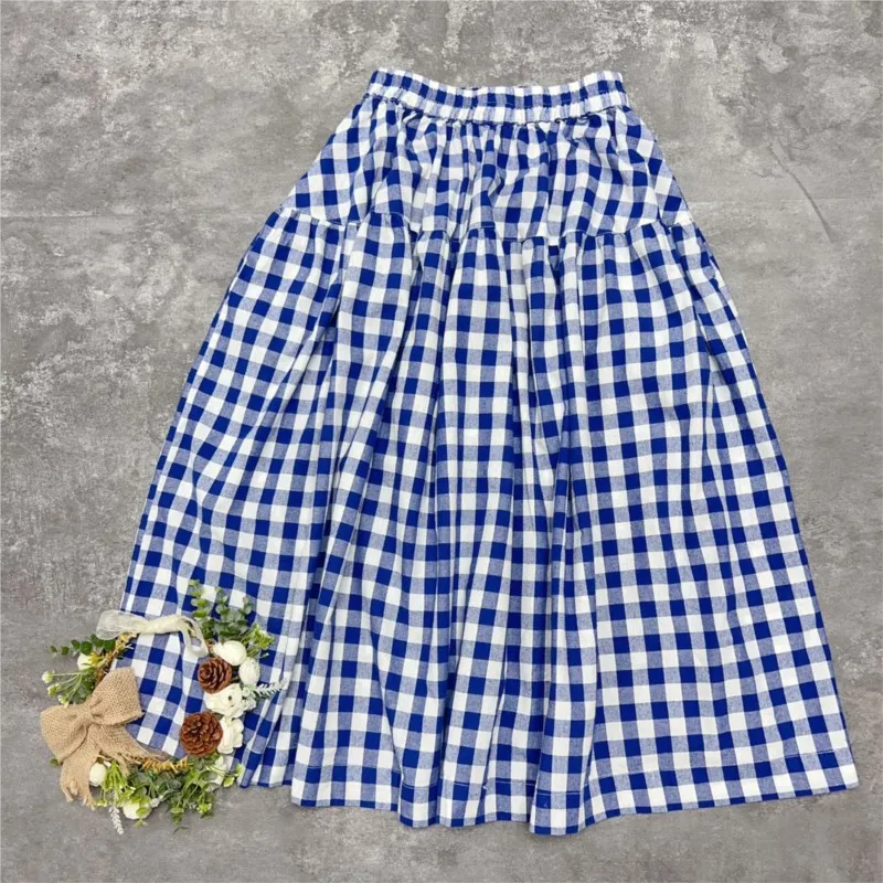 Johnature 2025 японские клетчатые юбки весна-лето ретро свободные повседневные длинные