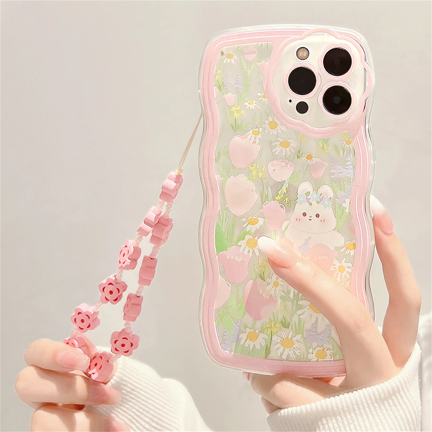 

Pink Flower Rabbit Wave With Bracelet for Phone Case For iPhone 13 12 11 Pro XS Max X XR 7 8 plus Funda Kawaii Cover wholesale