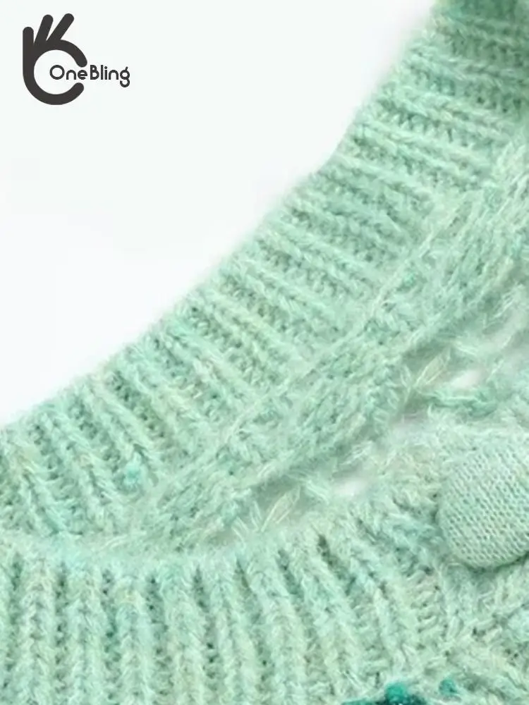 Женский ажурный кардиган OneBling вязаный Зеленый однобортный свитер в полоску с