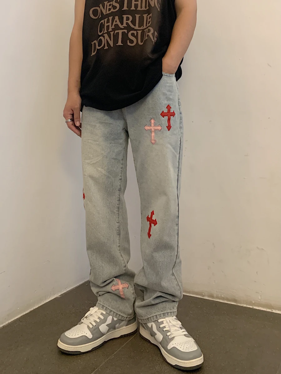 Men's Jeans Four Seasons Cross Patch Leather Embroidery High Street Trend Design Loose Straight Ninth Pants Ins Hot Sale JEANS