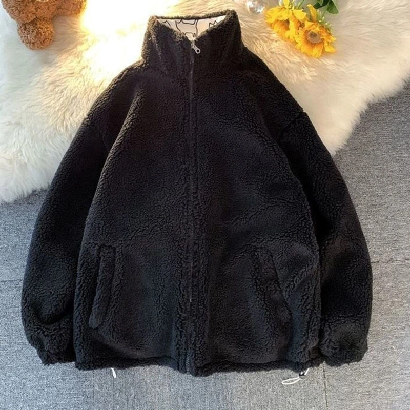 Women Double-Faced Cotton Padded Jacket Autumn Winter Loose Cotton-Padded Casual Lamb Wool Can Be Worn On Both Sides Coat Parkas