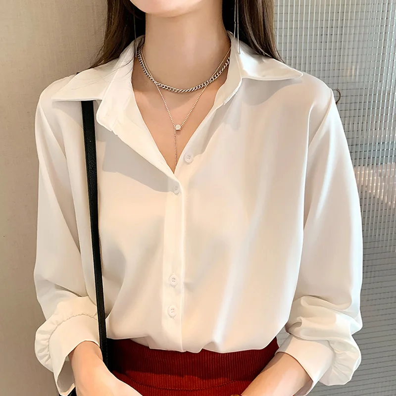 

Twicefanx New Office Lady 2023 Long Sleeve Chiffon Women Blouses Shirt Causal Solid White Fashion Women Shirts Tops 102J