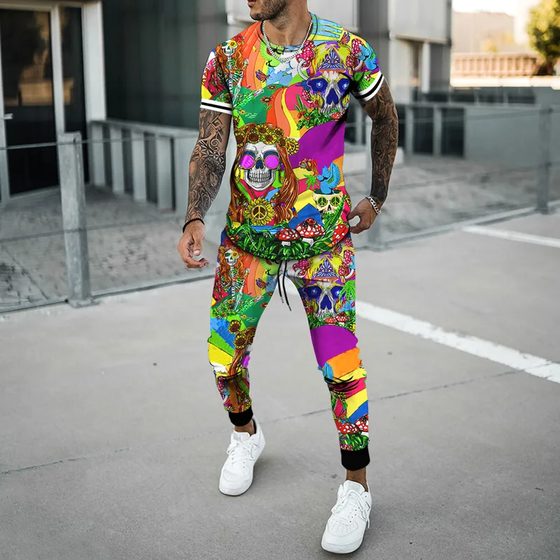 Summer Men Tracksuit jogging Skull Head Pattern 3d Printed T-shirt Men's Streetwear Sports Short Sleeve Shirt+pants 2 Pcs Sets