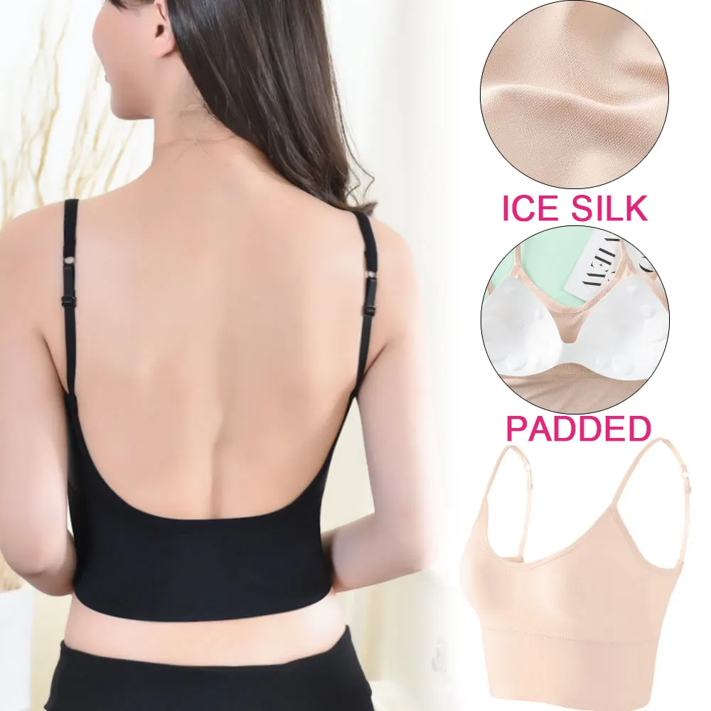 

Women Bra Backless Open Back Tank Top Ice Silk Seamless Bralette U Type Low Back Bras Push Up Wirefree Underwear Sexy Sports