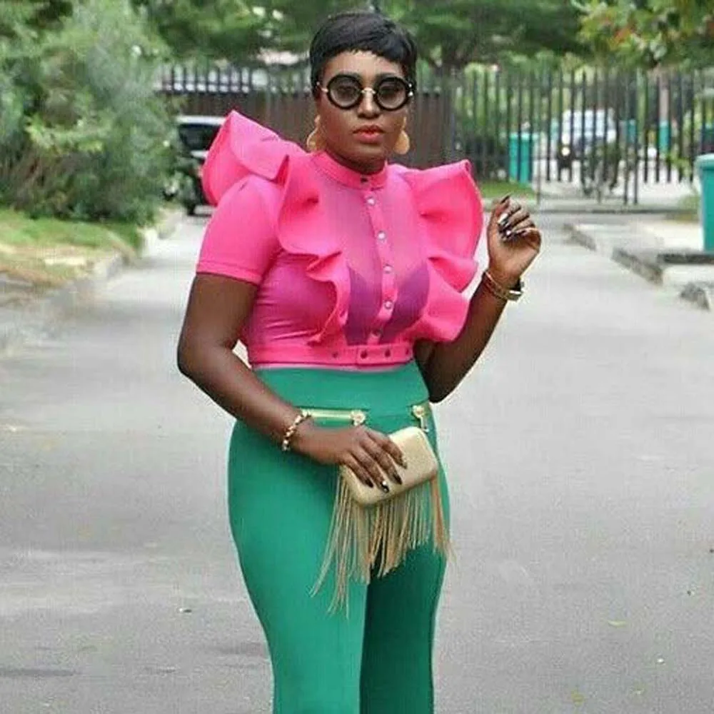 

2022 Rose Red Women Blouse Mesh See Through Short Blouse Ruffle African Chic Female Party High Street Blousa Shirts Summer