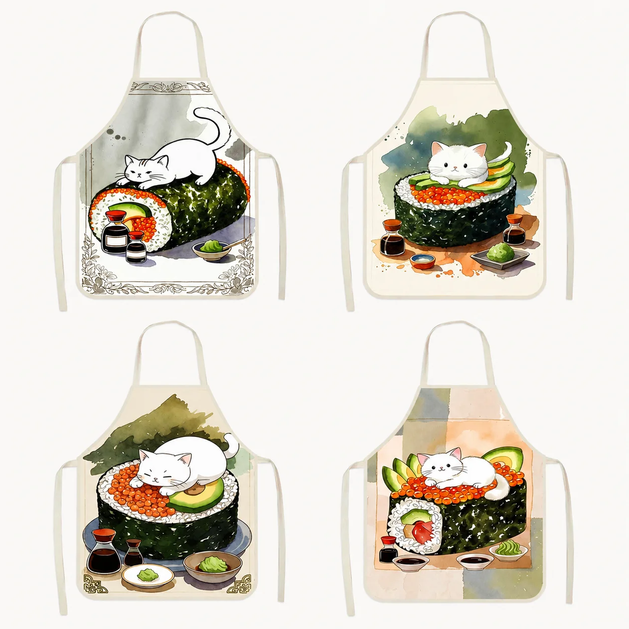 Фартук без рукавов из льняной ткани с акварельным рисунком Kawaii Neko Sushi Roll для женщин, любящих животных, для домашней работы, выпечки, уборки, защиты от грязи, подарок (art.: 3920dad5adda5) - 3920dad5adda5