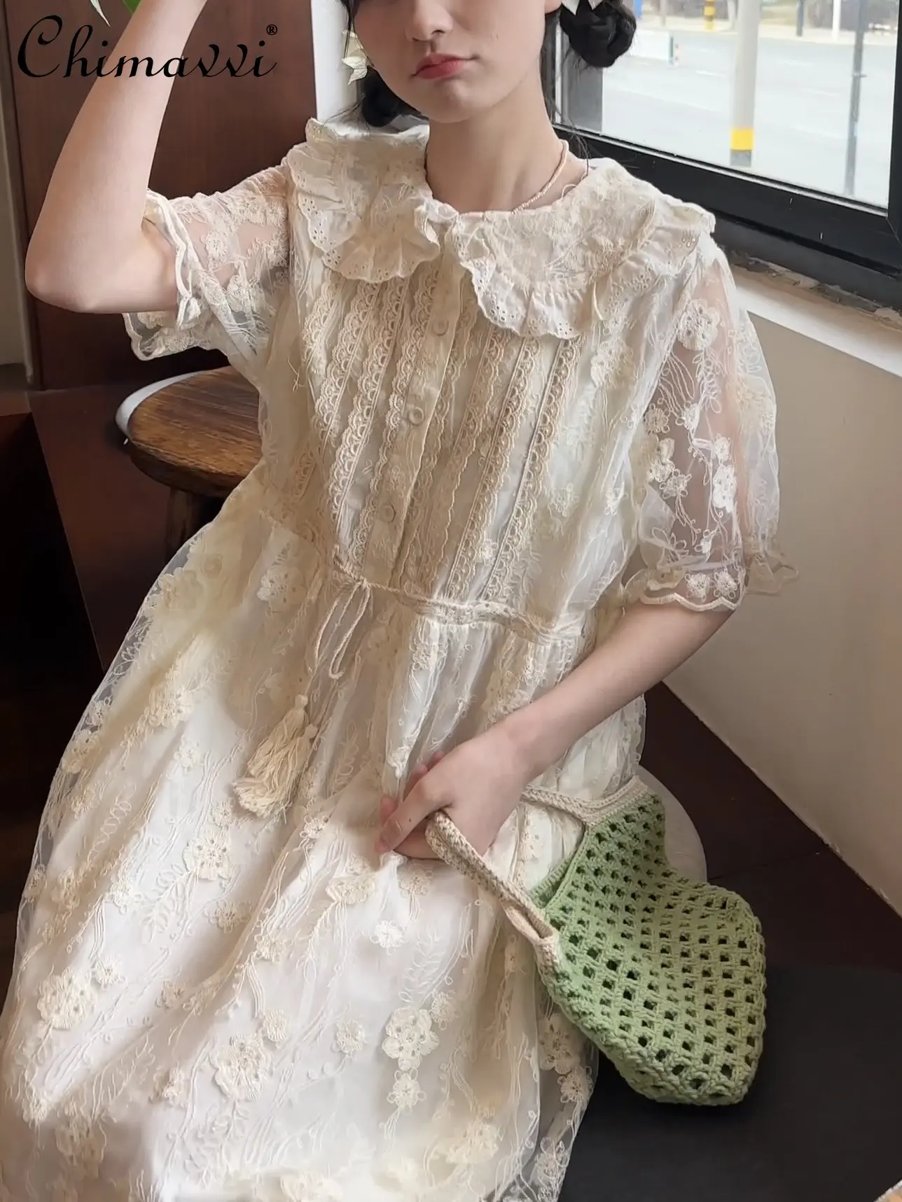 Japanese Mori Girl Sweet Short-Sleeved Doll Collar Dress Fashionable Lace Organza Dress Women's White Midi Dresses Summer
