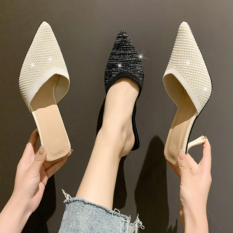 

2022 New Knitted Mesh Breathable Thin Heels 6.5cm Women's Slippers Summer Outside Vacation LEISURE Dress High-heeled Slippers PU