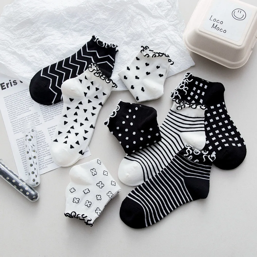 

Женские короткие носки, черные, белые носки с рюшами и рюшами, милые весенне-летние японские модные спортивные дизайнерские носки до щиколотки в стиле Харадзюку