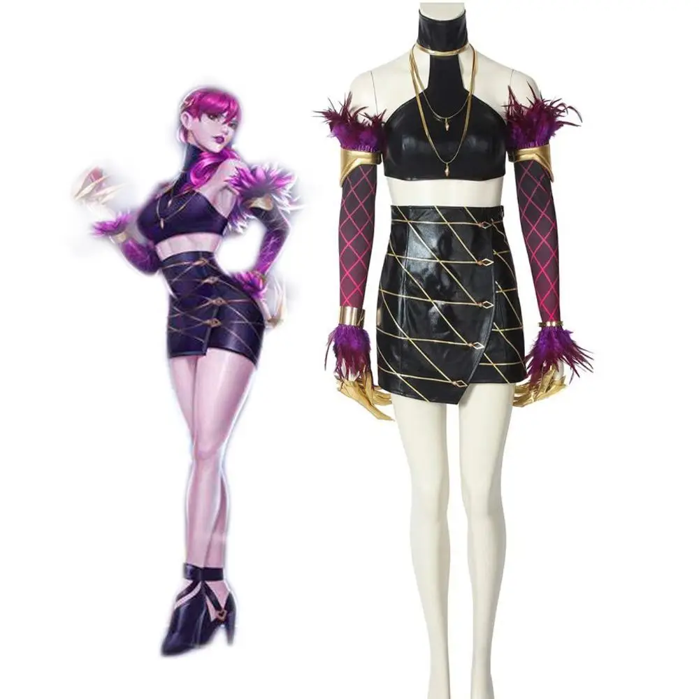 Костюм для косплея LOL KDA Evelynn, сексуальный кожаный костюм LOL, полный комплект с топом и юбкой для Хэллоуина, костюм для косплея комиксов-кон