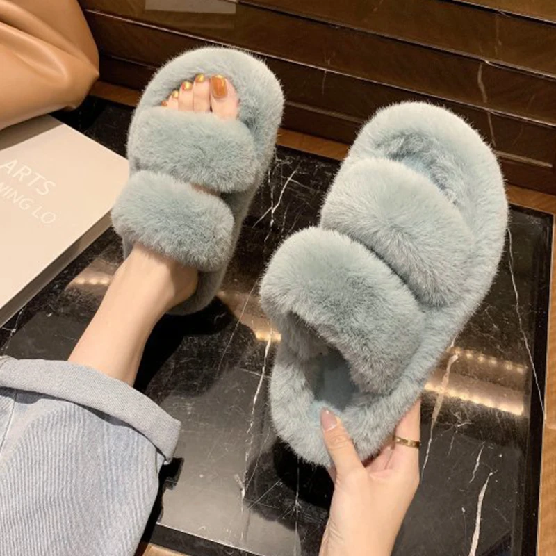 Autumn and Winter New Warm Plush Slippers Female Cute Candy Color Furry Open-toed Drag Outer Wear Fashionable Cotton Slippers