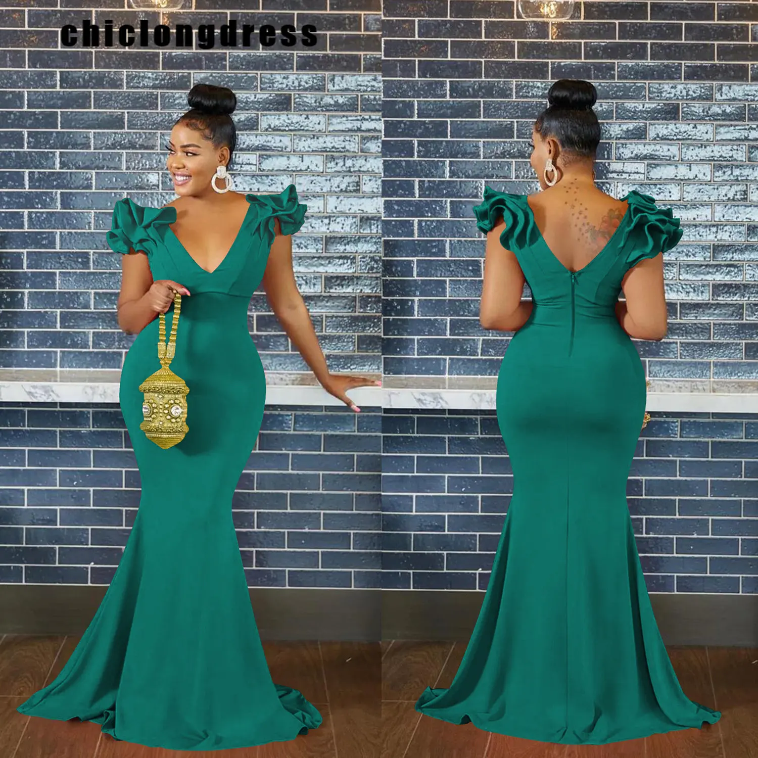 

Женское вечернее платье-годе, элегантное облегающее платье с глубоким V-образным вырезом и рукавами-лепестками, осень 2022