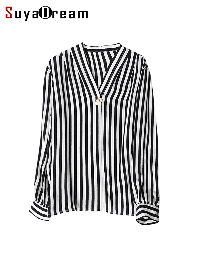 SuyaDream Women Striped Blouses 100%Silk Crepe Long Sleeves V neck Shirts 2022 Spring Fall Office Chic Top