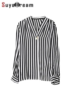 suyadream women striped blouses 100silk crepe long sleeves v neck shirts 2022 spring fall office chic top