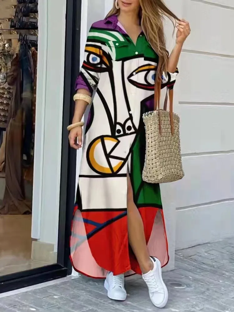 

New Autumn Long Sleeve Shirt Women Denim Pocket Button Print Casual Dresses Loose Ommuter Abayas Women Fashion Blouses 2022