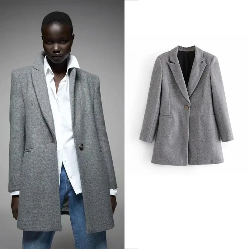 

Grey Woollen Blazer Suit Korean Fashion Simple Mid Length Slim One Button Blazers Office Lady Autumn Winter Commute Casual Suits