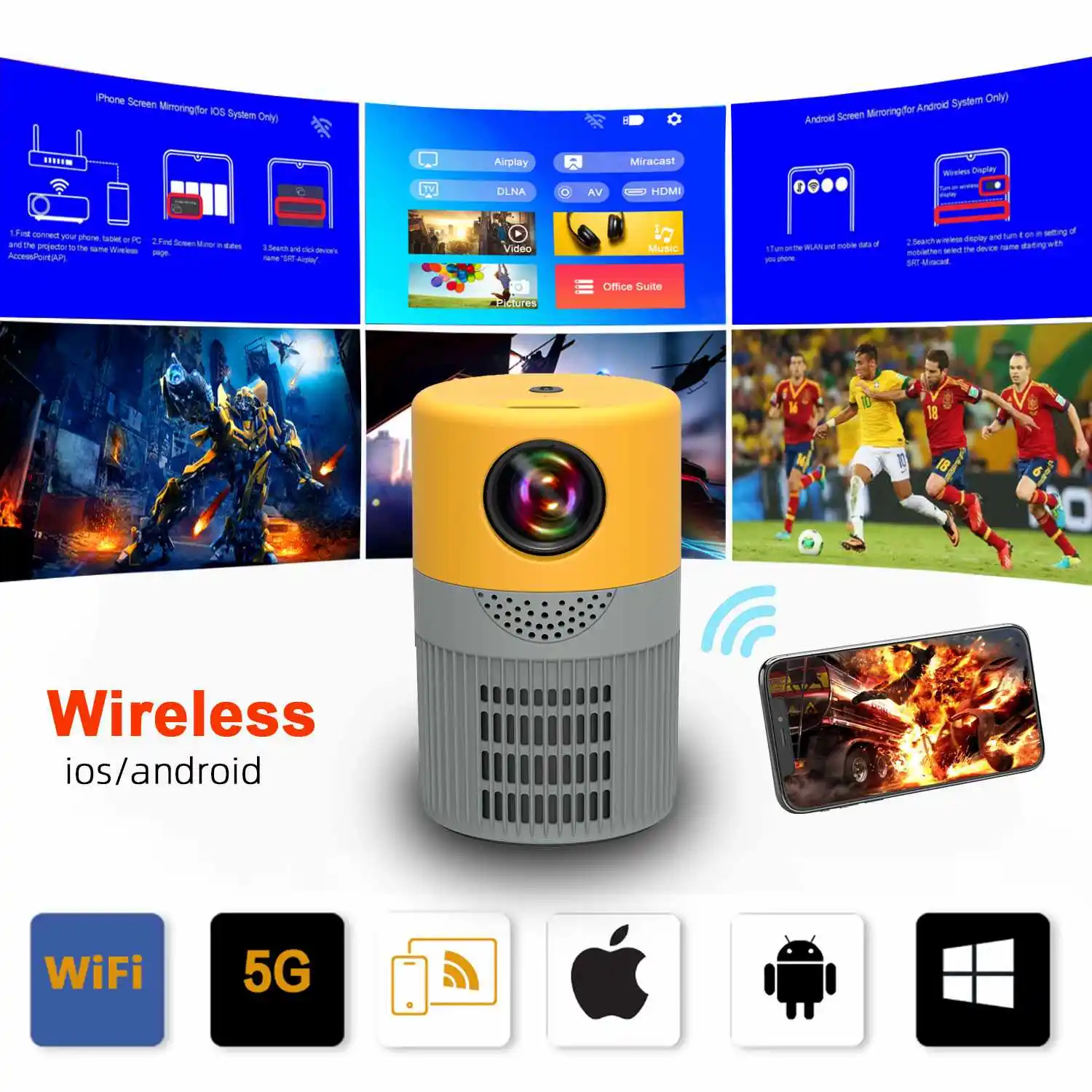 

5G WIFI Mini Projector LCD Projector Smart Home Theater Cinema,Wireless Mirroring 480P 1080P 4K Supported Portable Projectors