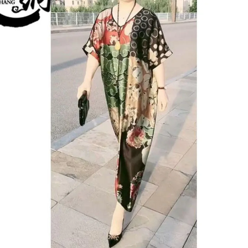 Женское платье с коротким рукавом свободное тонкое принтом и круглым вырезом