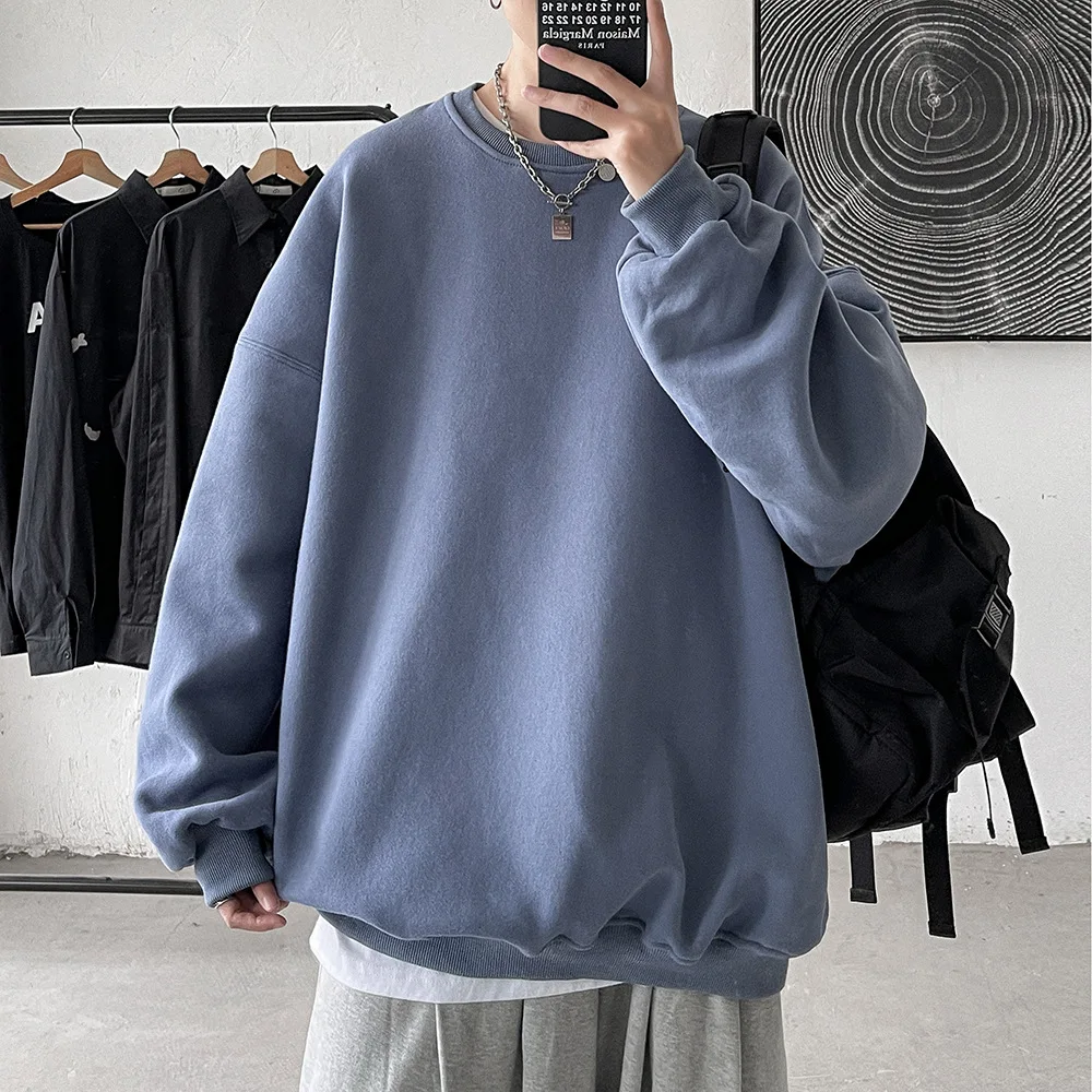 Harajuku Sweatshirts Men's 2022 Autumn Korean Solid Color Fleece Oversized Pullovers Casual O Neck Basic Tops Hip Hop Streetwear