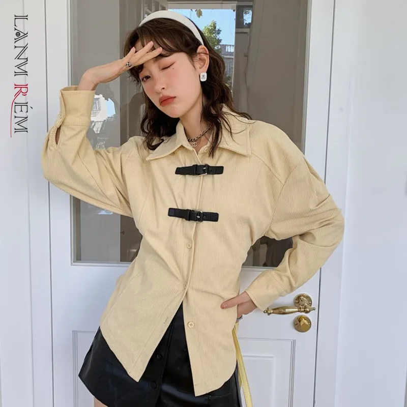 

LANMREM 2022 Spring Shirts for Women Lapel Yellow Color Single Breasted Adjustable Waist Long Sleeve Shirts Female Fashion 2J770