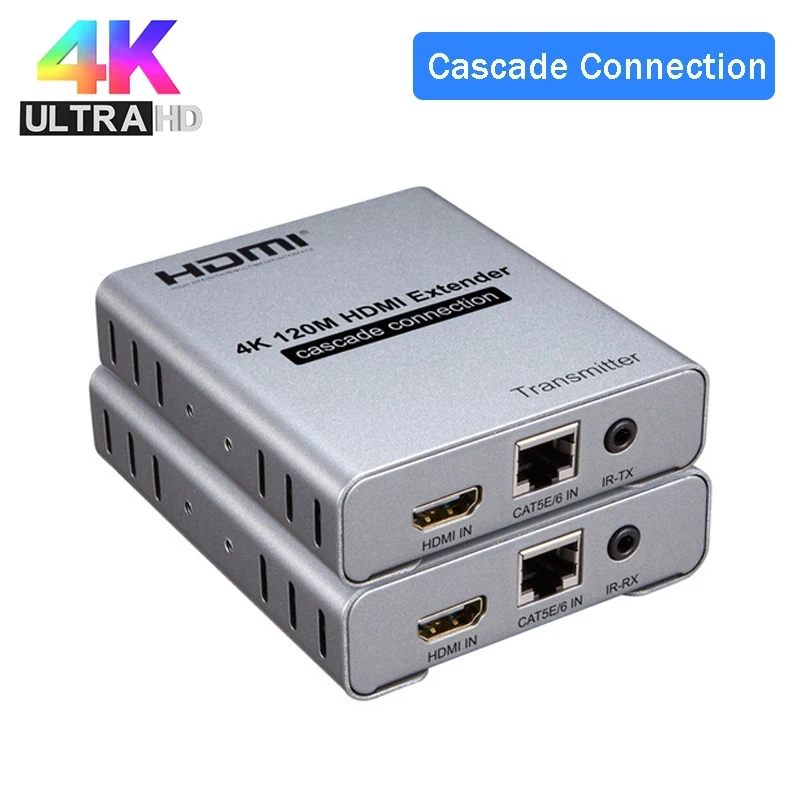 

4K 120M HDMI Extender over Cat5e/6 RJ45 Ethernet Cable Support Cascade Connection HDMI Splitter Extension Video Transmitter IR