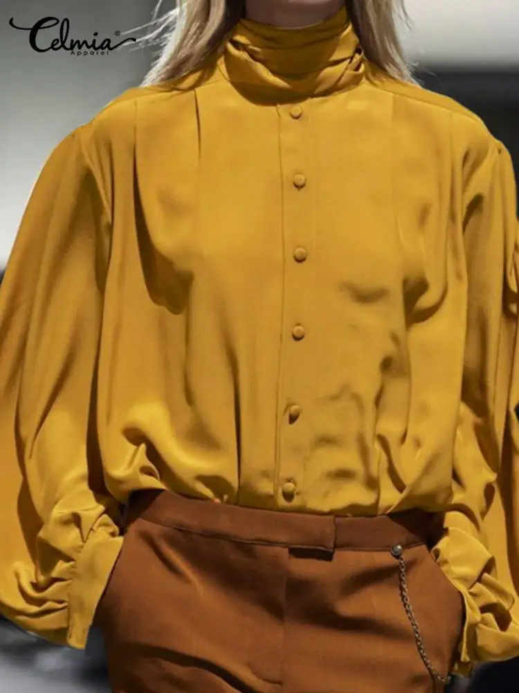 

Блузка Celmia Женская с длинным рукавом-фонариком, модная атласная Однотонная рубашка с завязкой на шее, Повседневная плиссированная деловая рубашка, весна 2023