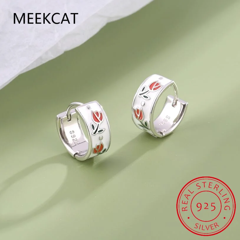 Настоящее серебро 925 эмалированные серьги-кольца с цветком тюльпана для женщин