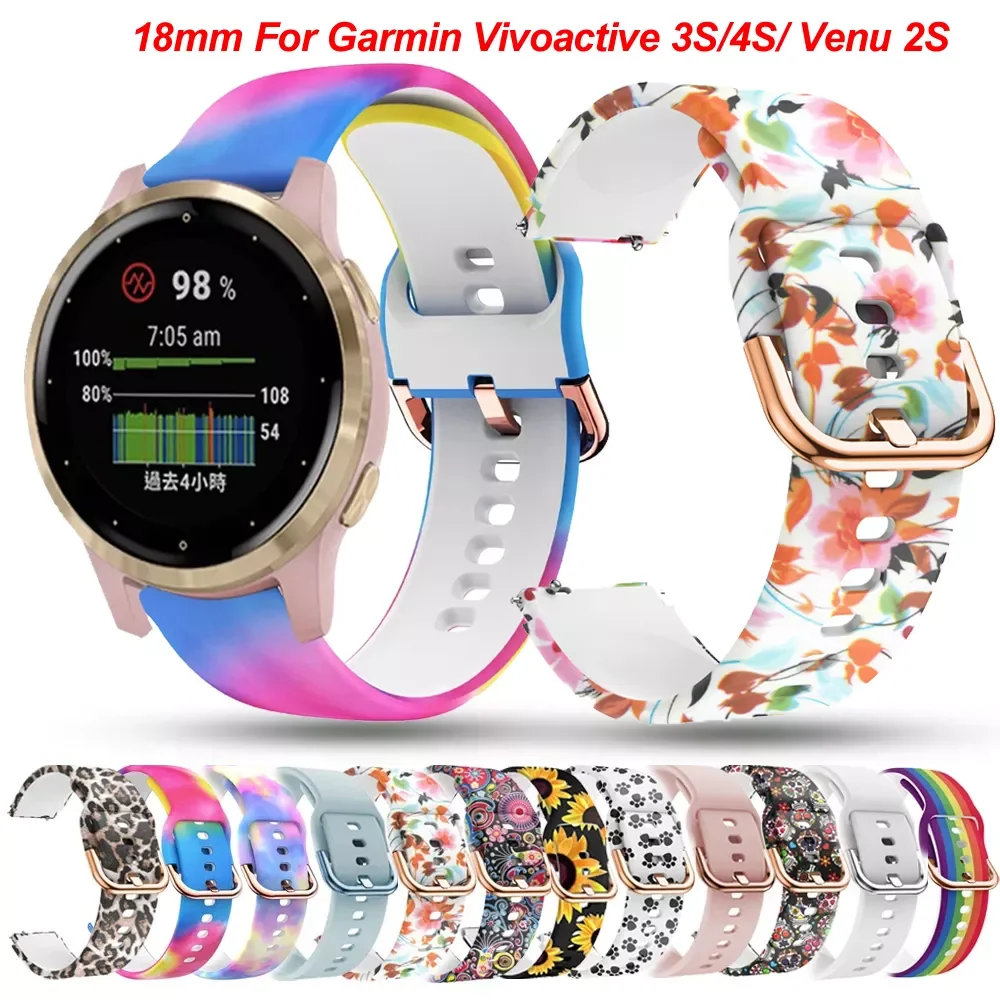 

18mm Printing Silicone Watchband Strap For Garmin Vivoactive 3S 4S/GarminMove 3S Bracelet Active S VENU 2S Band Wristband Correa