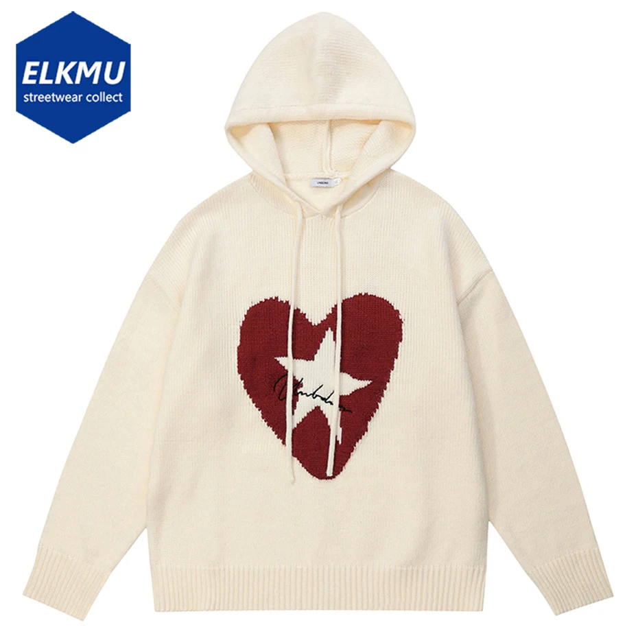

Свитер мужской с капюшоном и принтом звезд и сердец, уличная одежда, Свободный Повседневный пуловер черного и бежевого цвета в стиле хип-хоп, джемпер в стиле Харадзюку, Y2K
