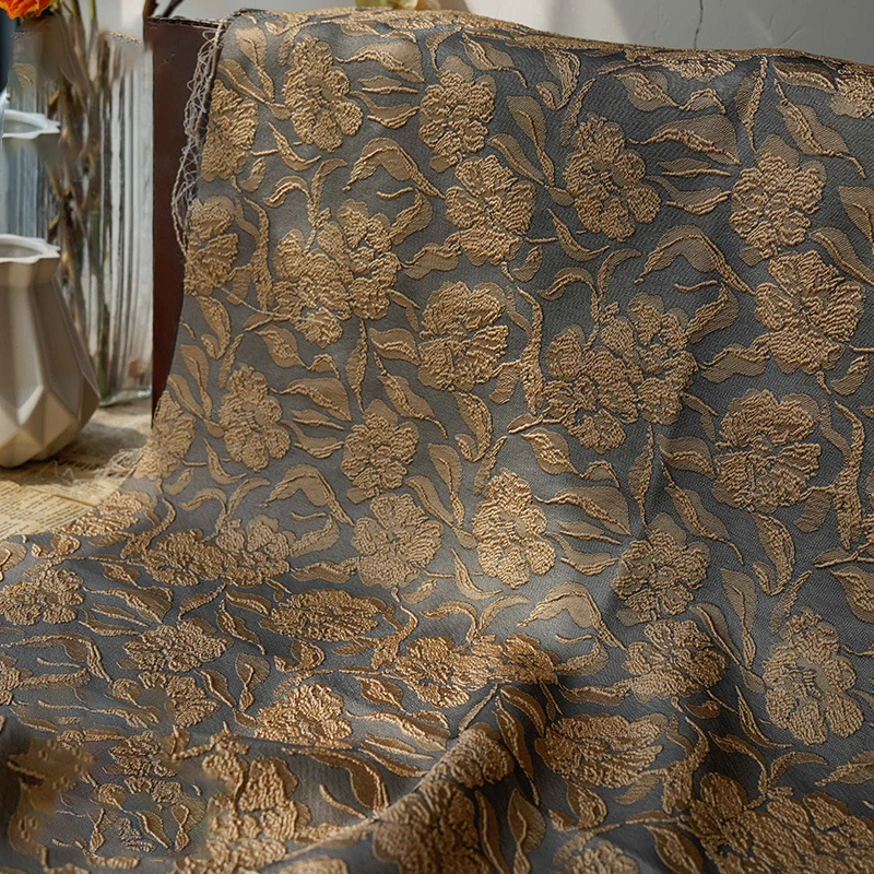 

Gray Coffee Color Large Flower Yarn Dyed Jacquard Fabric Women's Dress Luggage Diy Sewing Fabric 50cmx130cm