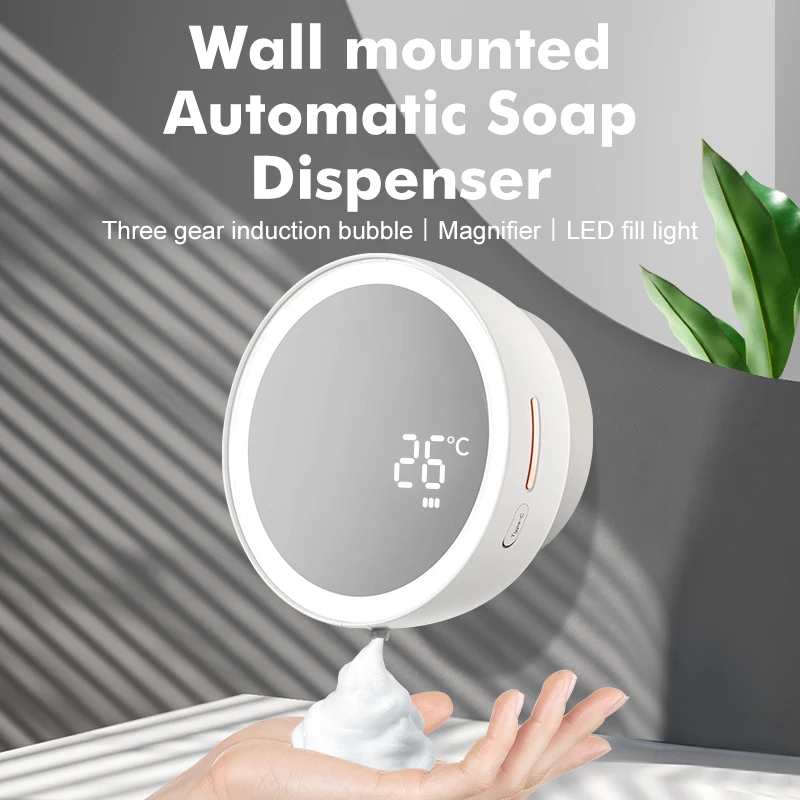 

Creative Liquid Foam Soap Dispensers HD Magnifying Glass LED Fill Light Temperature Display Hand Wash Automatic Soap Dispenser