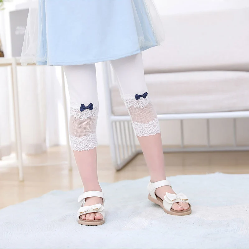 Girls Pants 2022 Summer New Kids Modal Leggings Fashion Bow Soft Lace Solid Wild Tight For 3-7 Years Children Casual Knee Pants