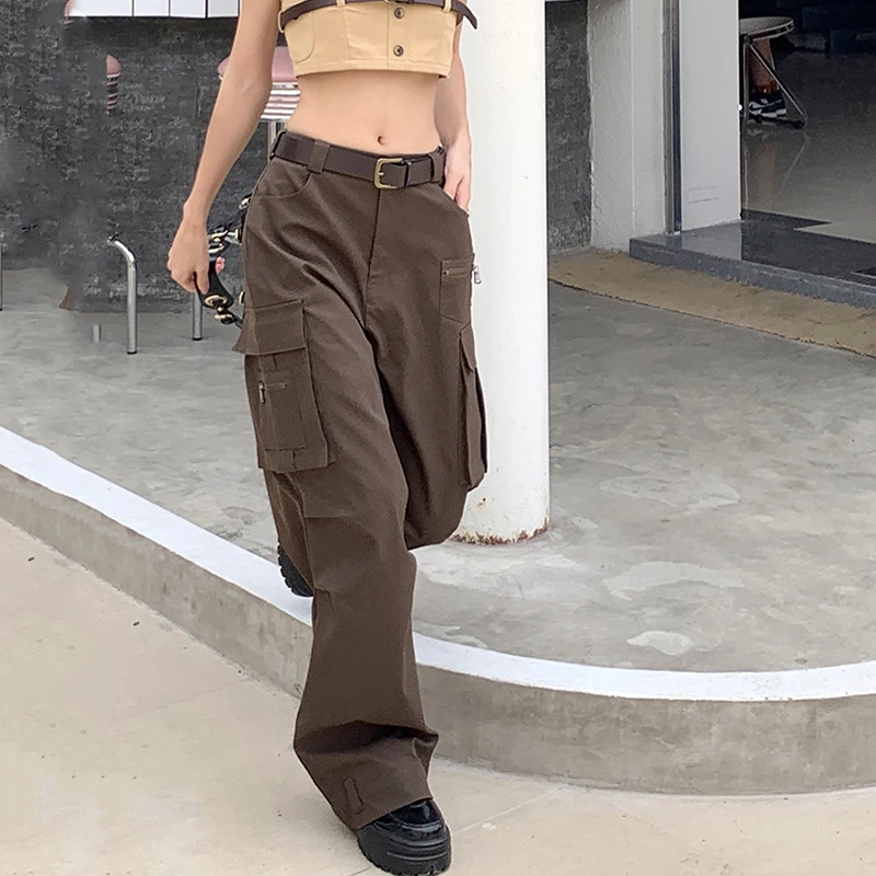 

Lucyever Autumn Retro Brown Women's Cargo Pants 90S Streetwear Pockets Wide Leg Trousers Y2K High Waist Casual Baggy Jeans Woman