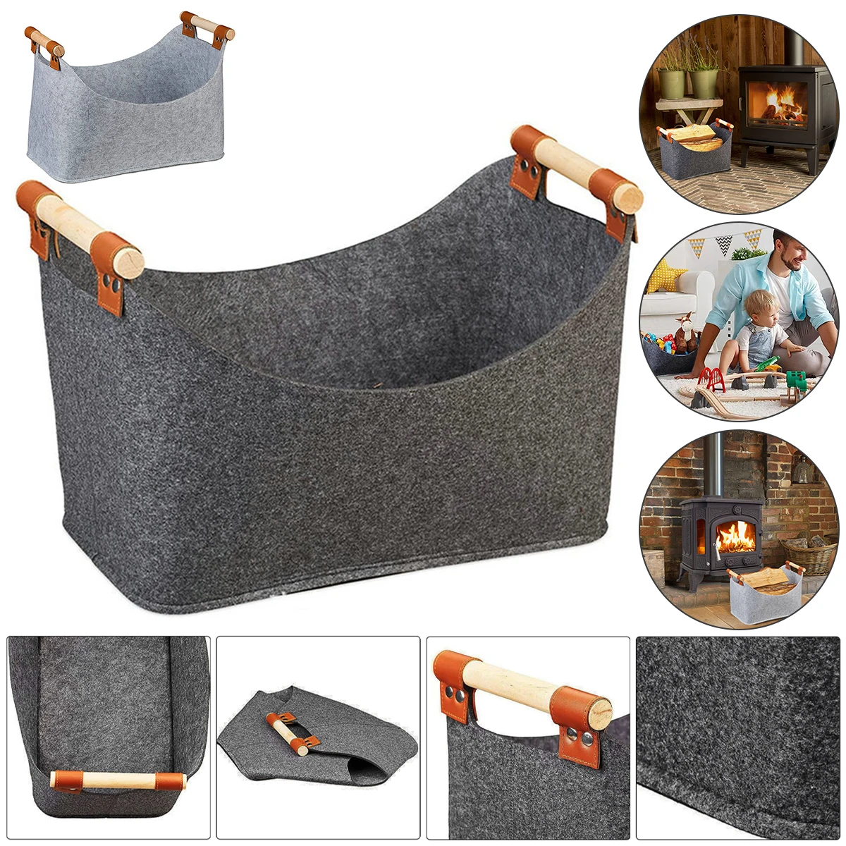 

Фетровая переноска для древесины с деревянными ручками 15 × 8,7 × 11 дюймов, складная сумка для хранения бревен, легкая переноска для древесины,...